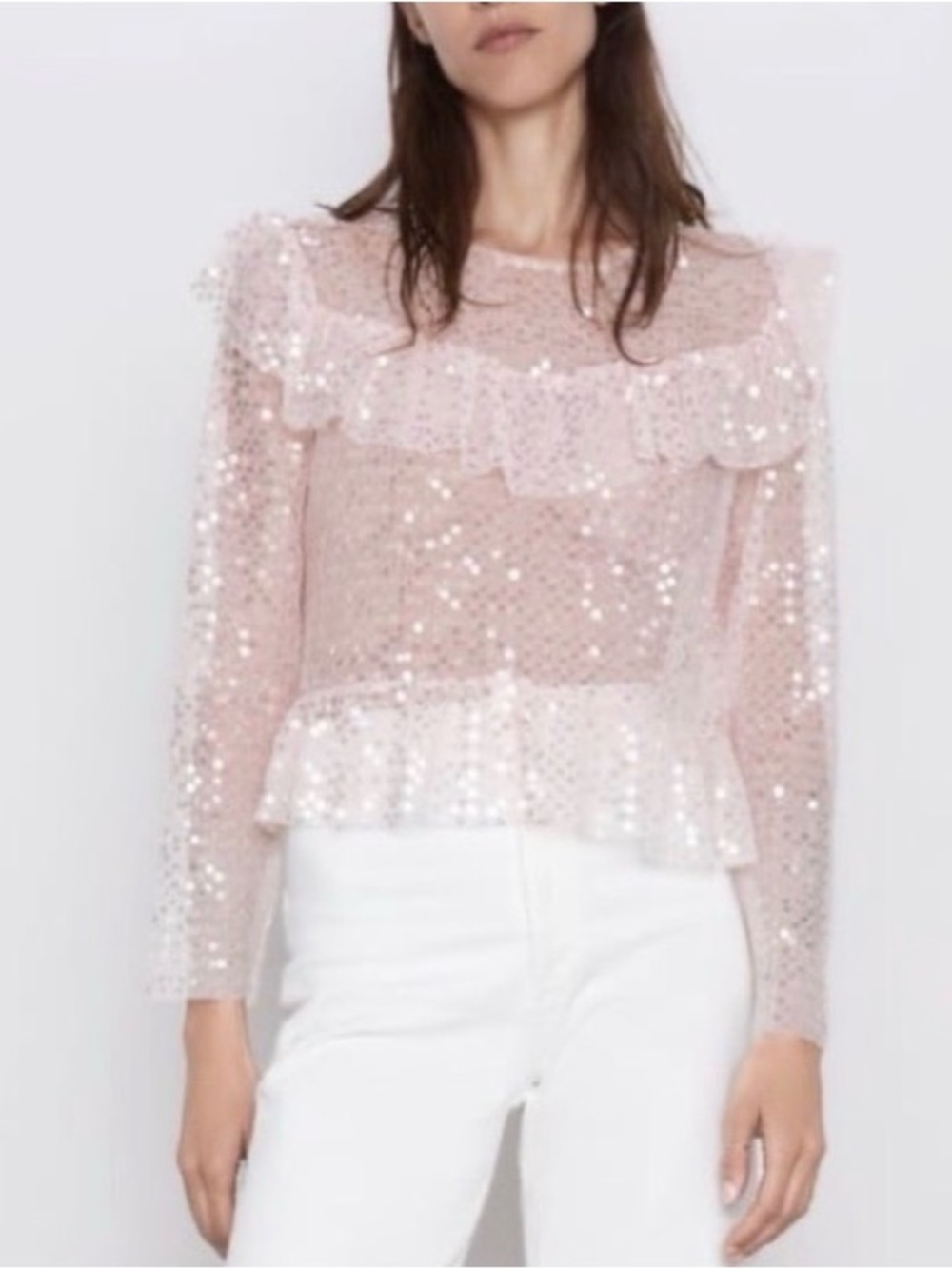Zara ruffled light pink sequin top small